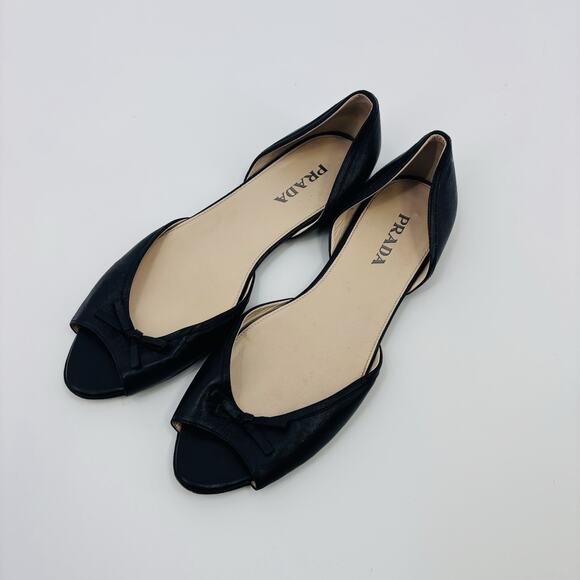 Prada Leather D'orsay Flats Slip On Open Toe Shoes Black Size 39.5 /US 9 Women - Picture 1 of 8